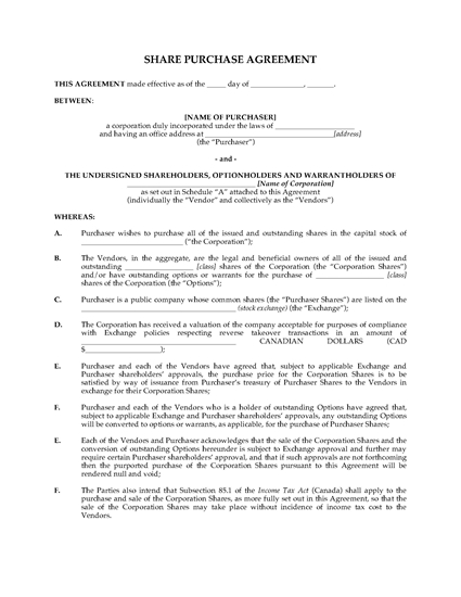 Picture of Alberta Share Purchase Agreement for Reverse Takeover