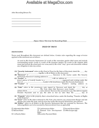 Picture of Maryland Deed of Trust