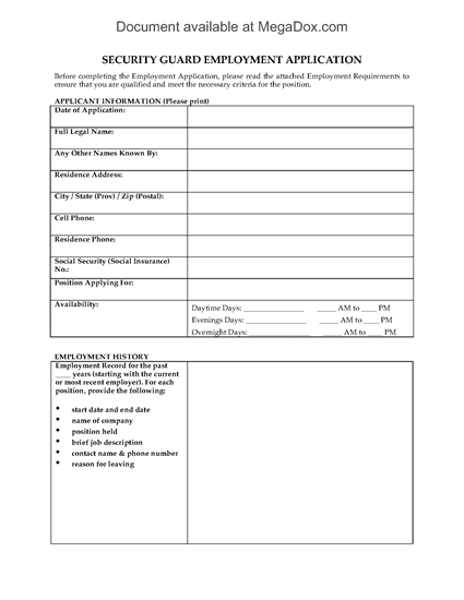 Picture of Security Guard Employment Application Form
