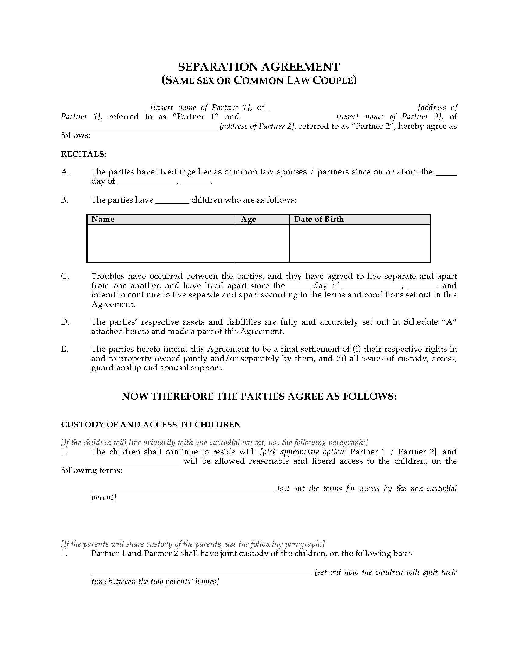 Canada Separation Agreement for Common Law or Same Sex Couple With common law separation agreement template