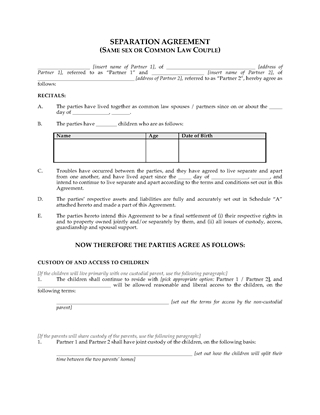 Picture of Separation Agreement for Common Law or Same Sex Couple | Canada