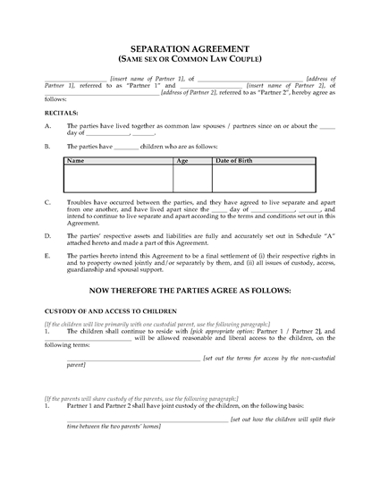 Picture of Separation Agreement for Common Law or Same Sex Couple | Canada