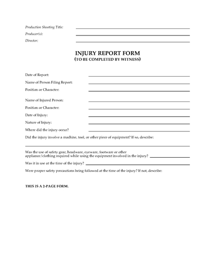 Picture of Injury Report Form for Film Productions