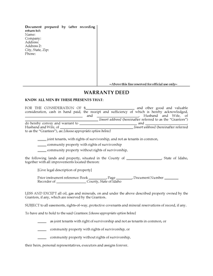 Picture of Idaho Warranty Deed for Joint Ownership