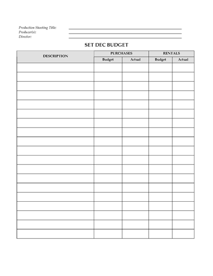 Picture of Set Decorating Budget and Set-up Sheets