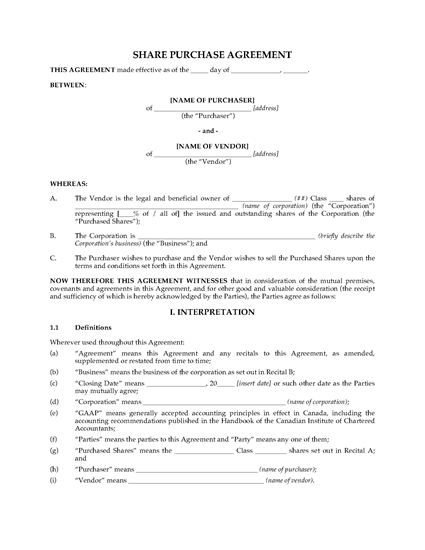 Picture of British Columbia Share Purchase Agreement
