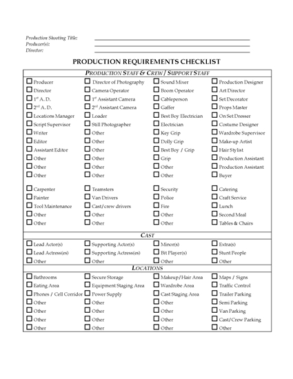 Picture of Production Requirements Checklist for Film Production