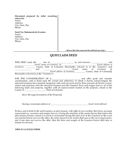 Picture of Colorado Quitclaim Deed for Joint Ownership