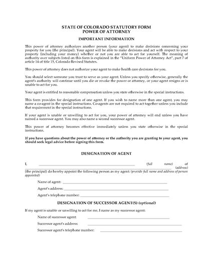 Picture of Colorado Statutory Short Form Power of Attorney