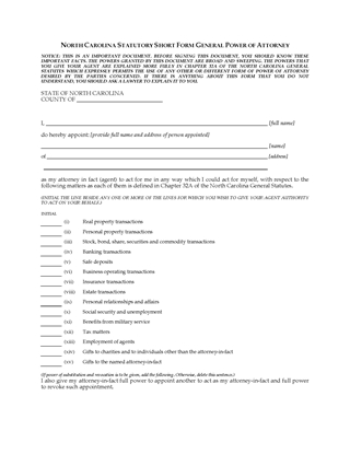 Picture of North Carolina Statutory Short Form Power of Attorney