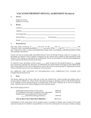 Picture of Florida Vacation Property Rental Agreement