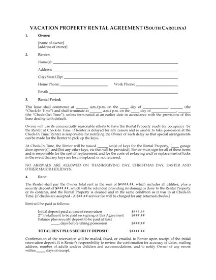 Picture of South Carolina Vacation Property Rental Agreement