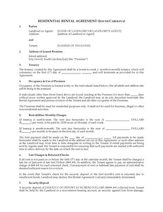 Picture of South Carolina Rental Agreement for Residential Premises