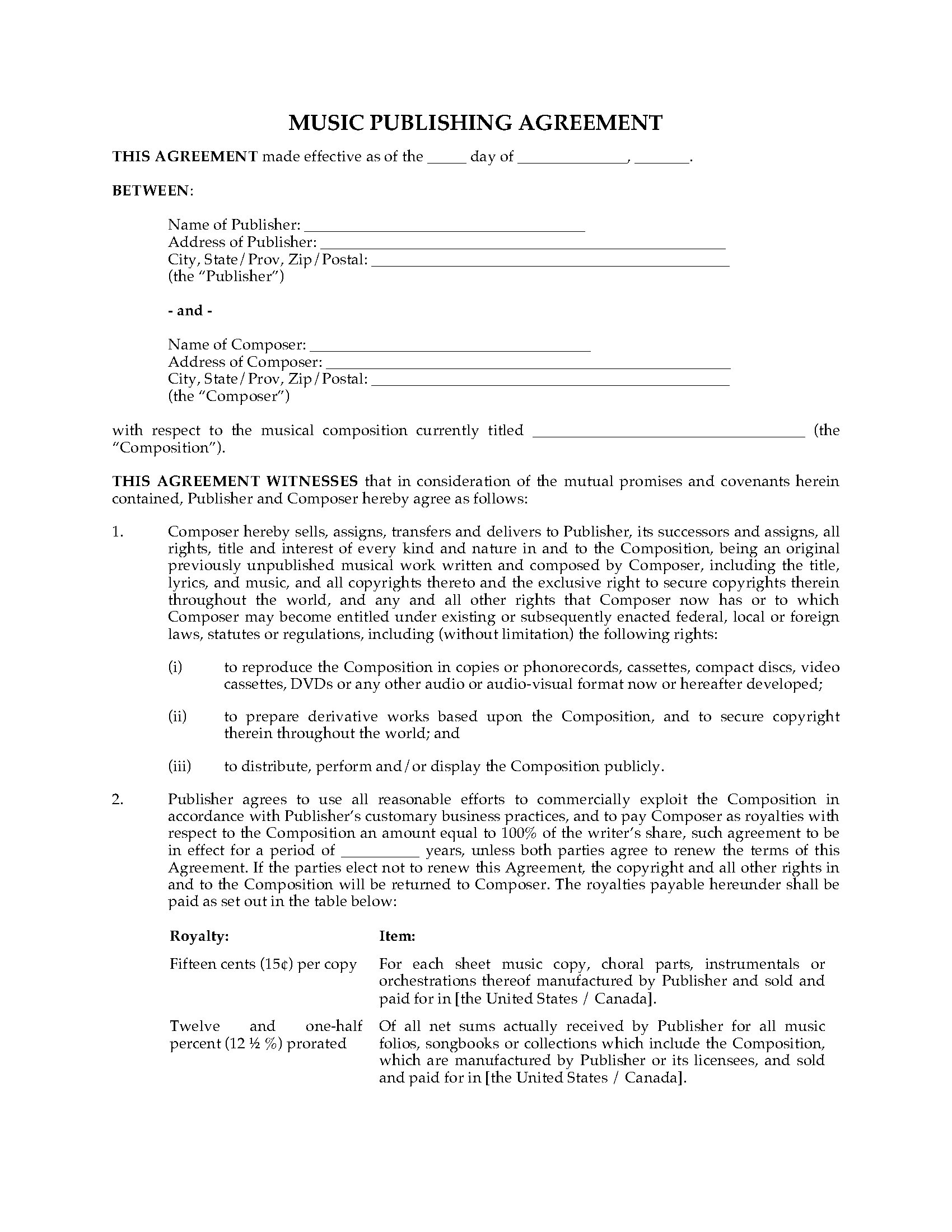 Music Publishing Agreement  Legal Forms and Business Templates Pertaining To songwriter agreement template