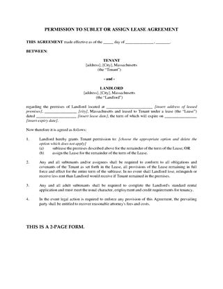 Picture of Massachusetts Permission Agreement to Sublet or Assign Lease
