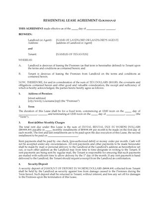 Picture of Louisiana Fixed Term Residential Lease Agreement