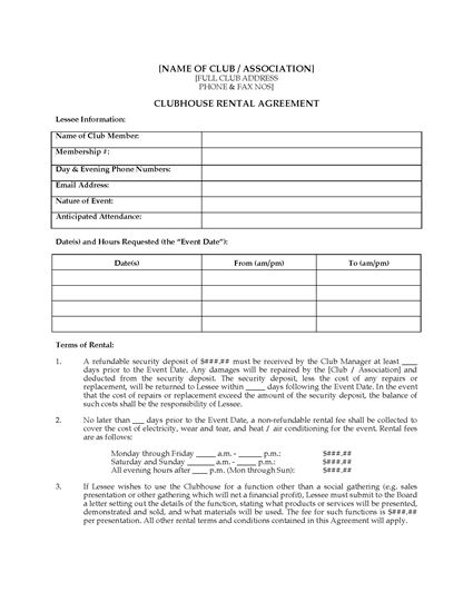 Picture of Club House Rental Agreement | Canada