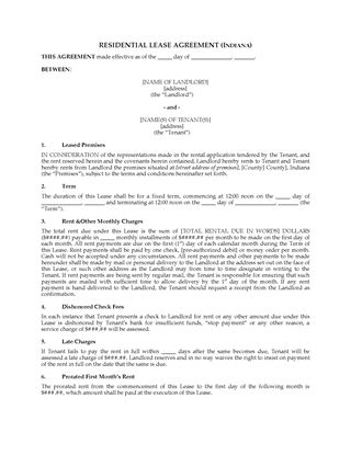 Picture of Indiana Fixed Term Residential Lease Agreement
