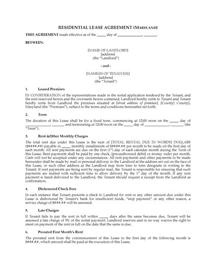 Picture of Maryland Fixed Term Residential Lease Agreement