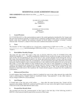 Picture of Missouri Fixed Term Residential Lease Agreement