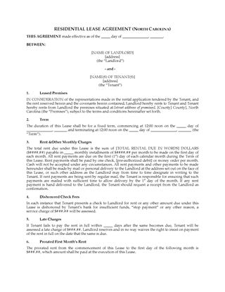 Picture of North Carolina Fixed Term Residential Lease Agreement