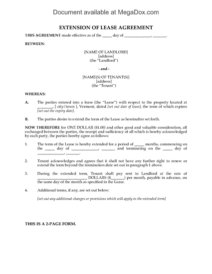 Picture of Vermont Residential Lease Extension Agreement