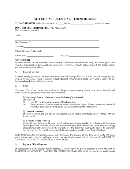 Picture of Florida Self Storage License Agreement