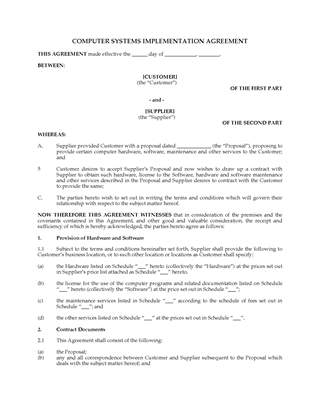 Picture of Computer System Implementation Agreement | USA