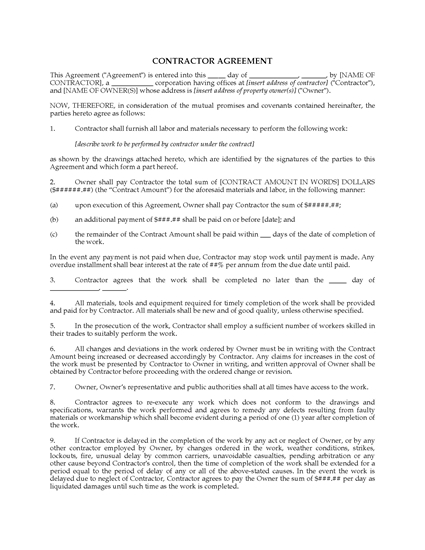 Picture of Contractor Agreement for Construction Project | USA