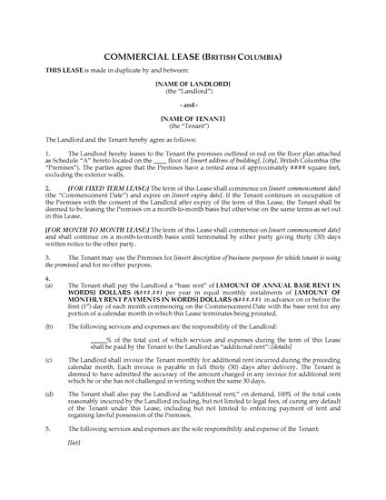 Picture of British Columbia Commercial Lease Agreement for Fixed or Monthly Tenancy
