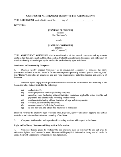 Picture of Film Score Composer Agreement (Creative Fee Basis)