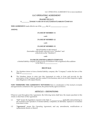 Picture of LLC Operating Agreement for Multimember Company | USA