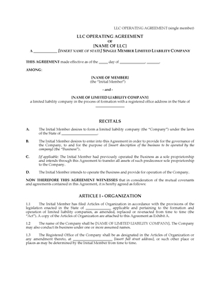 Picture of LLC Operating Agreement for Single Member Company | USA