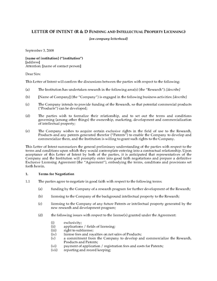 Picture of Letter of Intent for Research and Development