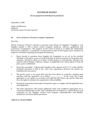 Picture of Letter of Intent to Purchase Computer Equipment