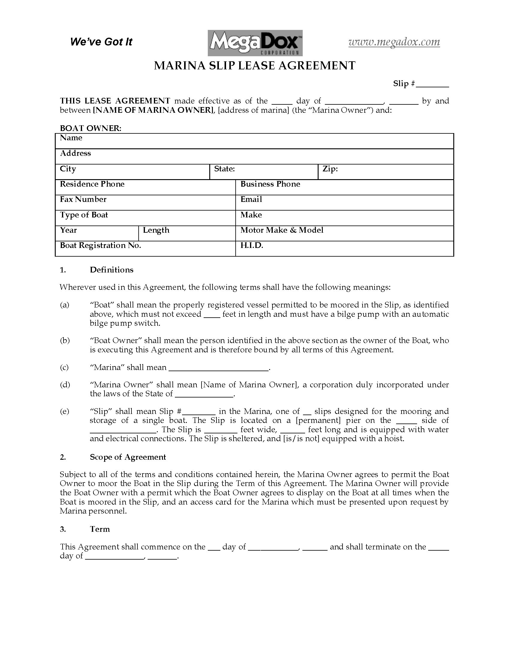 USA Marina Slip Rental Agreement  Legal Forms and Business Within boat slip rental agreement template