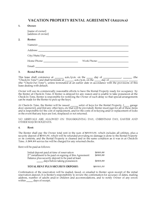 Picture of Arizona Vacation Property Rental Agreement