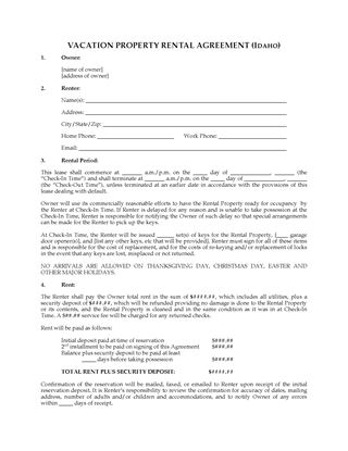 Picture of Idaho Vacation Property Rental Agreement