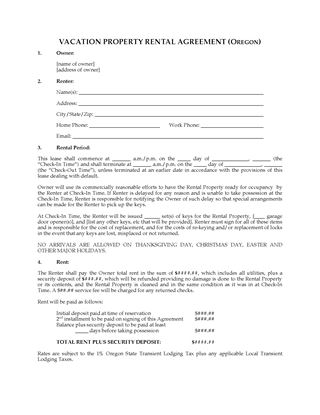 Picture of Oregon Vacation Property Rental Agreement