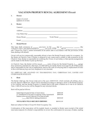 Picture of Texas Vacation Property Rental Agreement