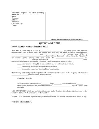 Picture of Alaska Quitclaim Deed for Joint Ownership