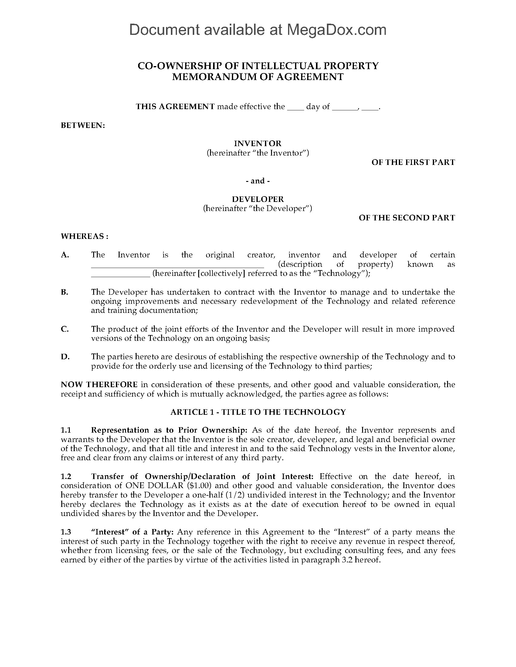 Intellectual Property Agreement Template from www.megadox.com