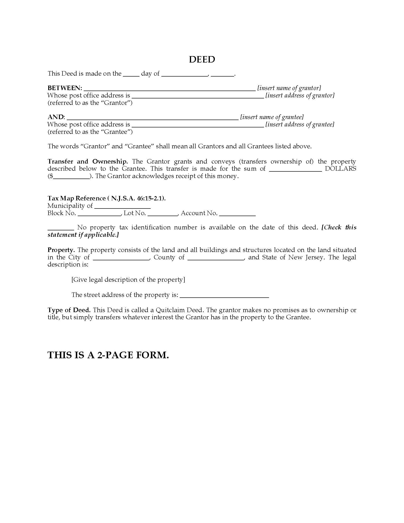New Jersey Quitclaim Deed Legal Forms And Business Templates Megadox Com