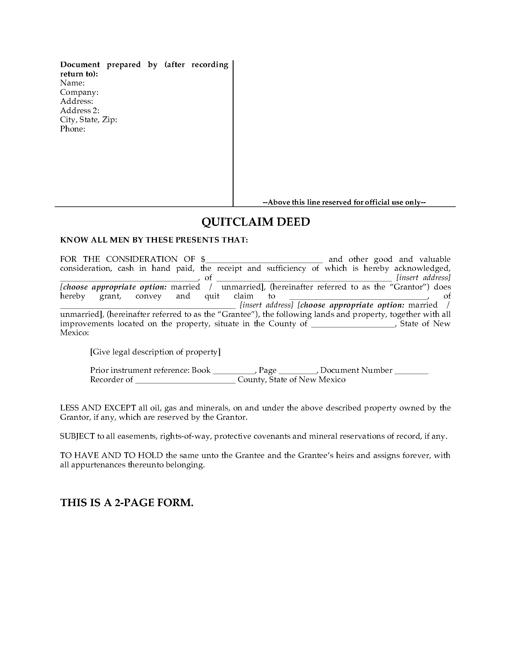 New Mexico Quitclaim Deed Form Legal Forms And Business Templates Megadox Com