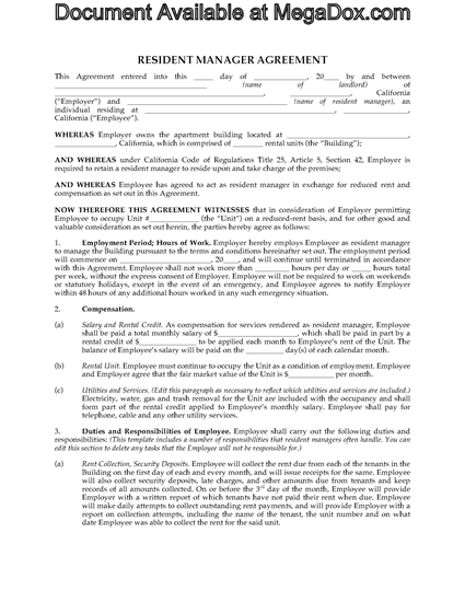 Picture of California Resident Manager Agreement