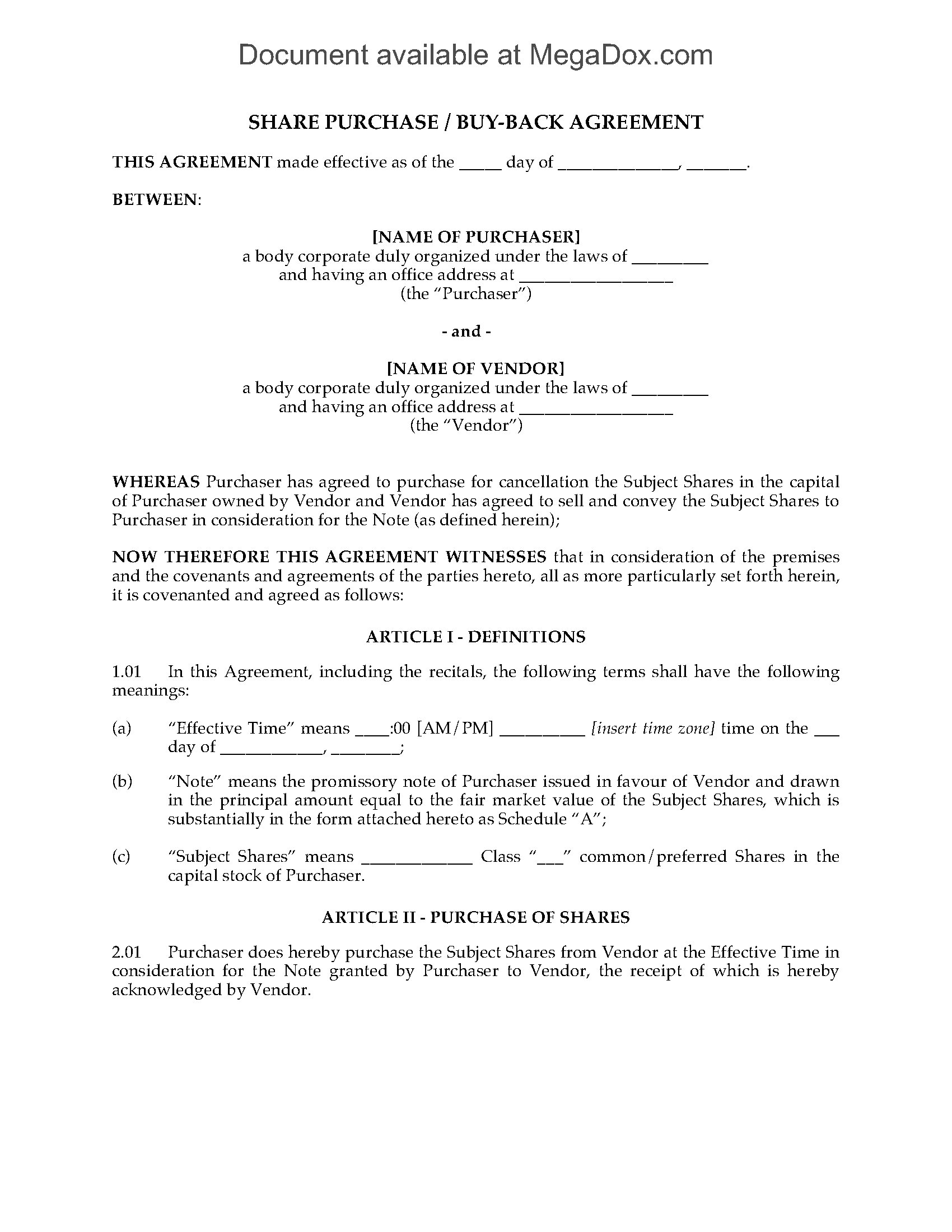 Share Repurchase / Buy-Back Agreement  Legal Forms and Business Intended For share buy back agreement template