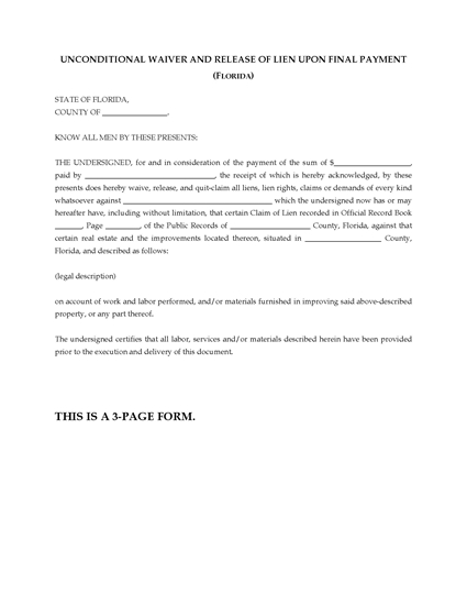Picture of Florida Unconditional Waiver and Release of Lien (Final Payment)