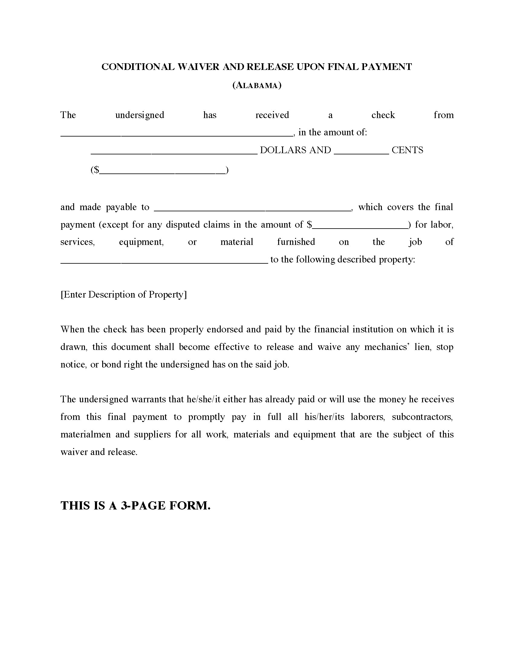 Alabama Conditional Waiver and Release of Lien Upon Final Payment ...