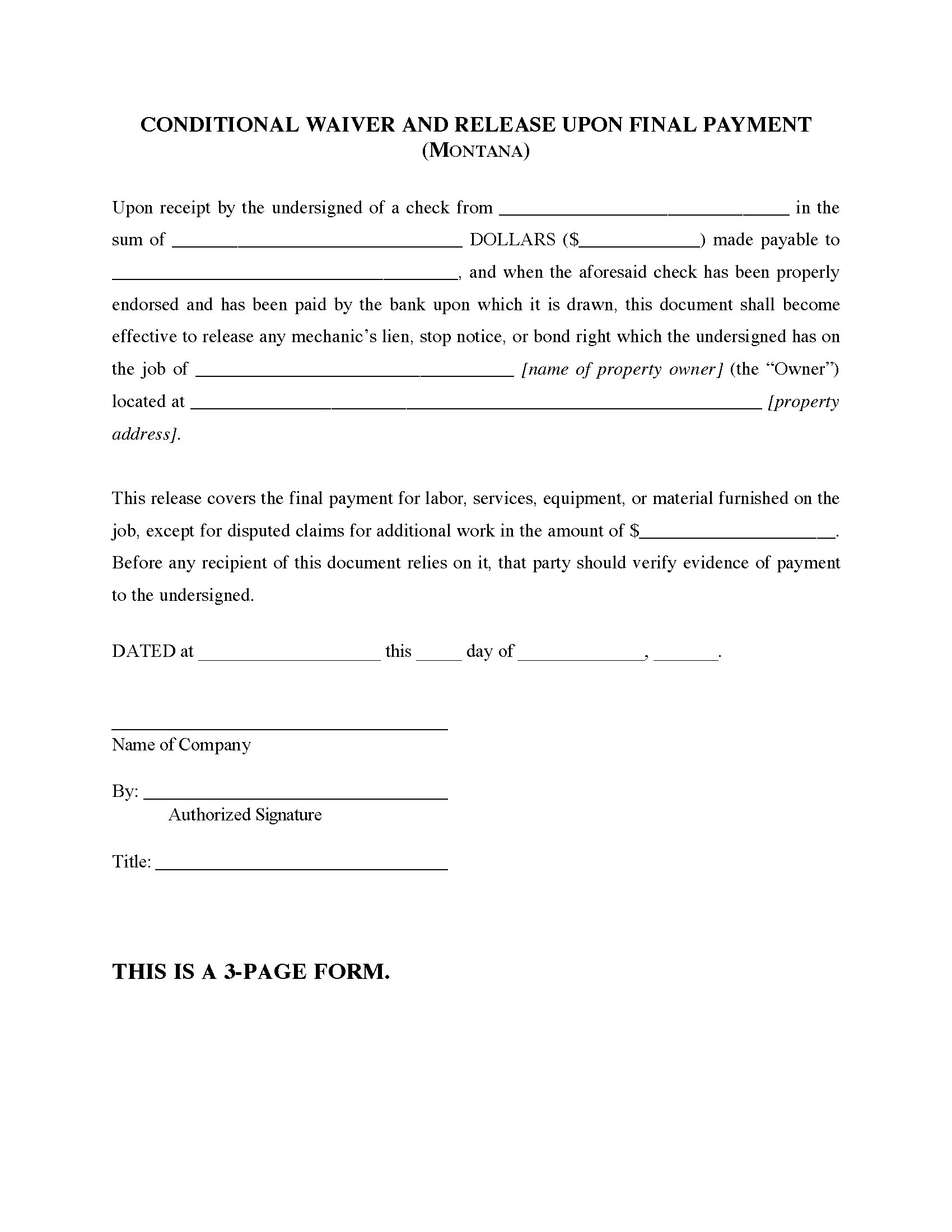 Montana Conditional Waiver And Release Of Lien Upon Final Payment Legal Forms And Business Templates Megadox Com