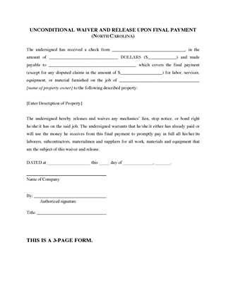 Picture of North Carolina Unconditional Lien Waiver and Release on Final Payment